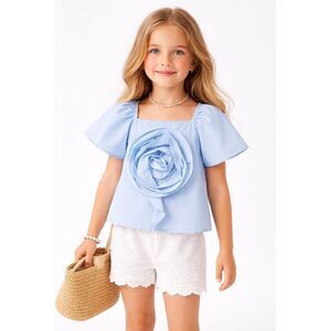 ZARA Girls Baby Blue 3D Appliqué Rose Poplin Top Size 8